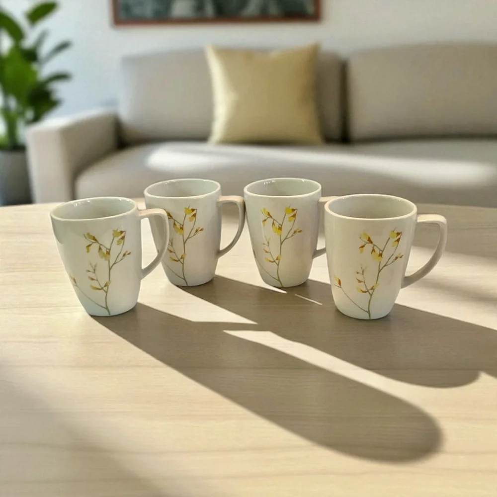 Corelle Kobe Porcelain Coffee Cups Yellow Floral Stems • Set Of 4 Mugs - Picture 6 of 7